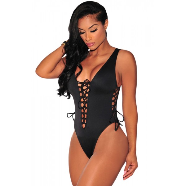 Black Lace up High Cut Swimsuit