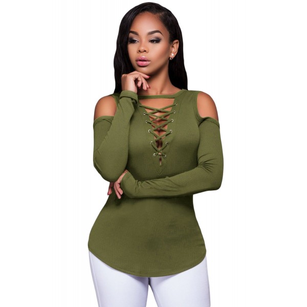 Army Green Long Sleeve Cut-out Shoulder Ribbed Top