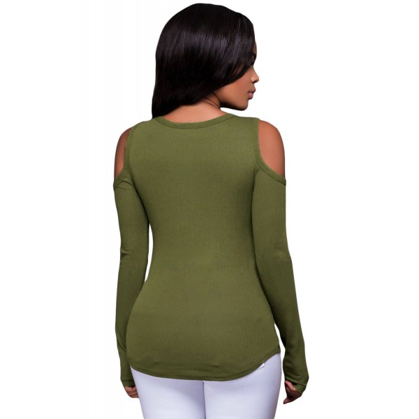 Army Green Long Sleeve Cut-out Shoulder Ribbed Top