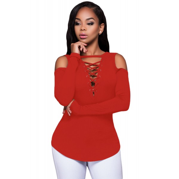 Red Long Sleeve Cut-out Shoulder Ribbed Top