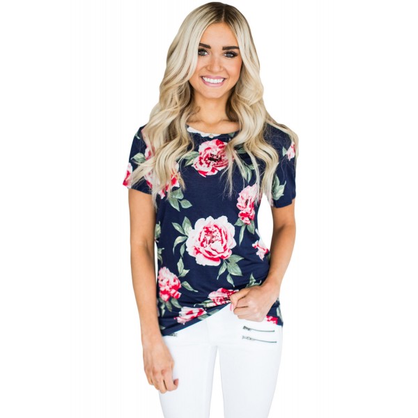 Short Sleeve Round Neck Full-blown Floral Printed T-shirt