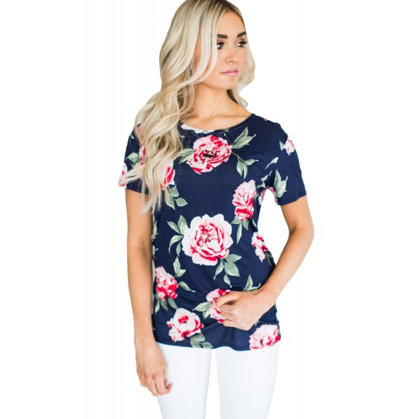 Short Sleeve Round Neck Full-blown Floral Printed T-shirt