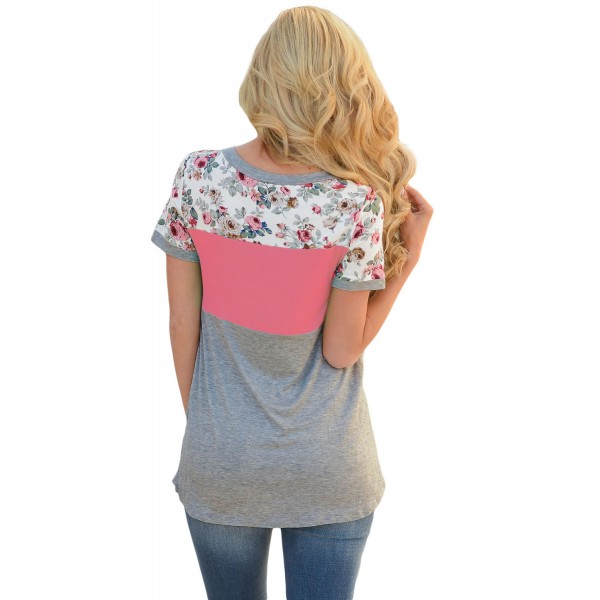 Floral Print Pink Gray Colorblock T-shirt