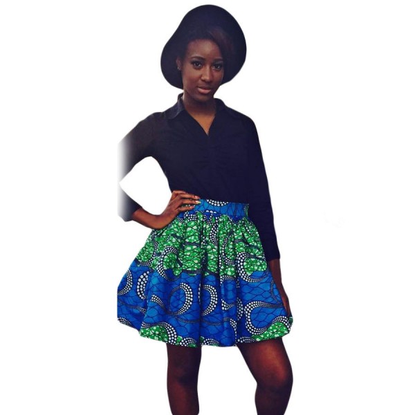 Greenish Print Skater African Style Mini Skirt