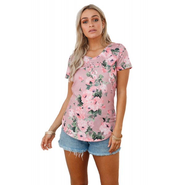 Dusty Pink Floral V Neck Short Sleeve T-shirt