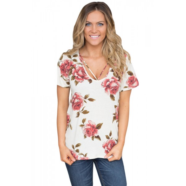 Strappy Neck Detail White Floral Short Sleeve T-shirt