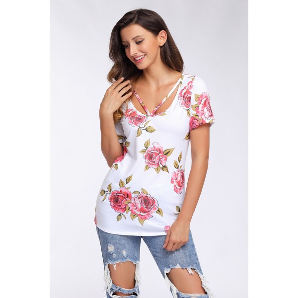 Strappy Neck Detail White Floral Short Sleeve T-shirt