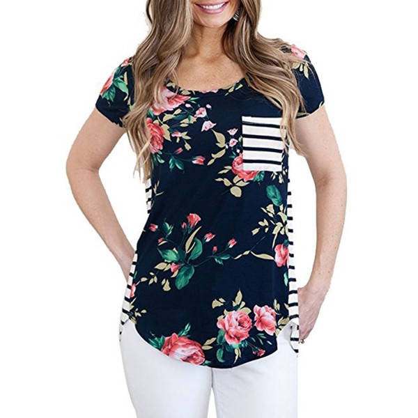 Navy Floral and Striped Casual T-shirt