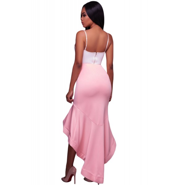 Pink Ruffle Hemline Splice High Low Skirt