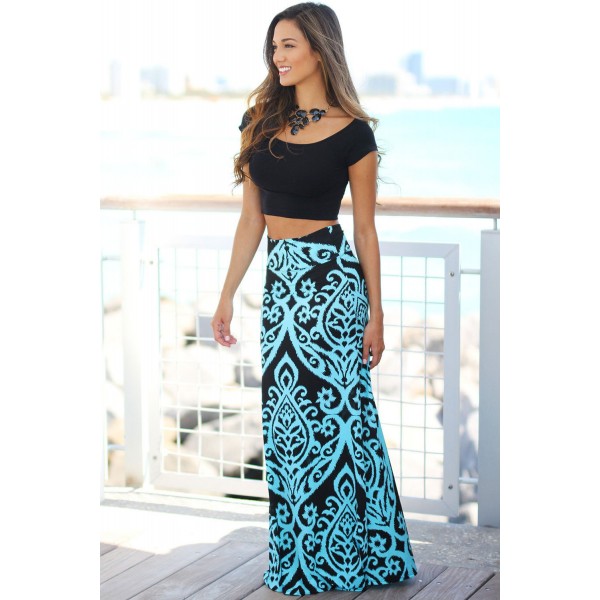 Blue Tendril Printed Maxi Skirt