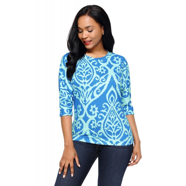 Royal Blue Aqua Damask Print Half Sleeve Top