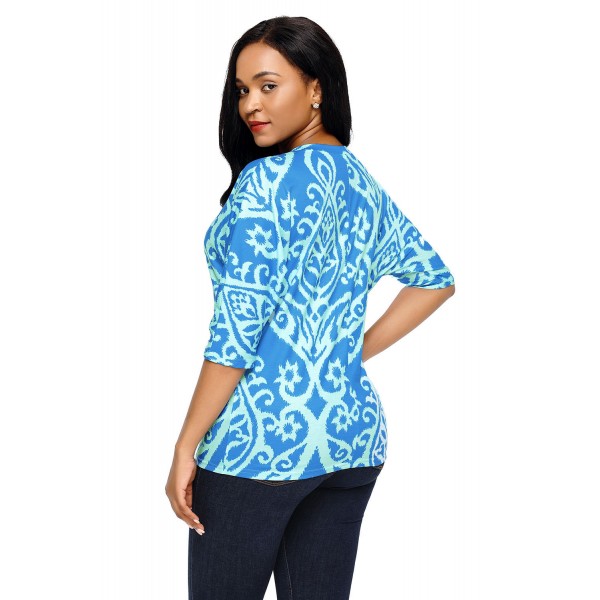 Royal Blue Aqua Damask Print Half Sleeve Top