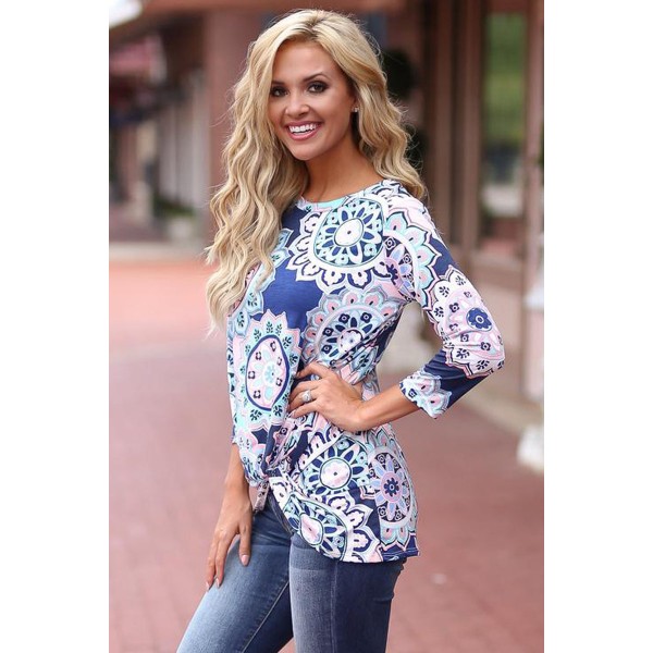 Blue Long Sleeve Knotted Boho Print Blouse