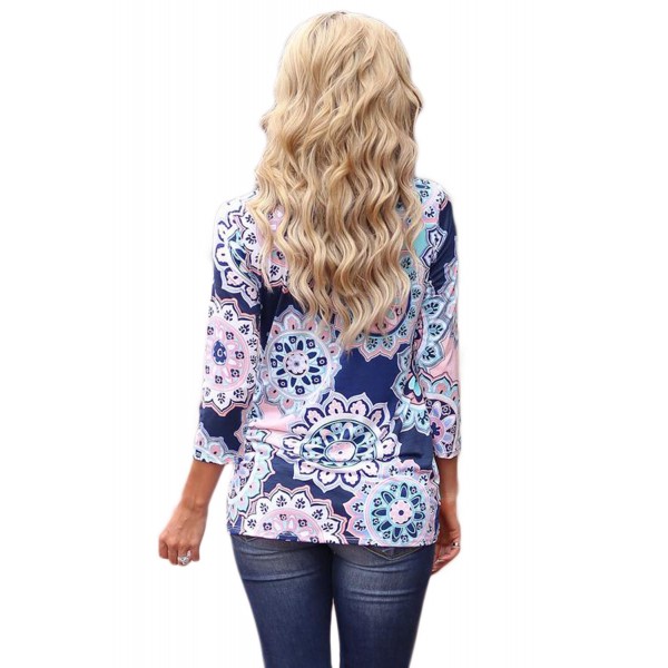 Blue Long Sleeve Knotted Boho Print Blouse