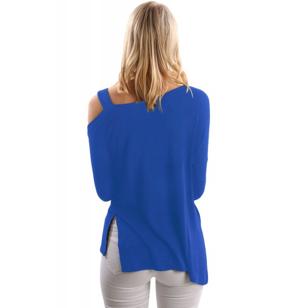 Blue One Shoulder Long Sleeve Top with Slit