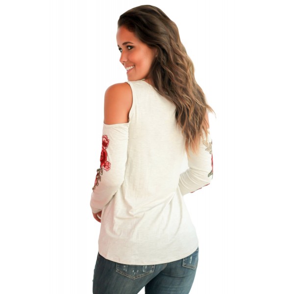 Rose Embroidered Long Sleeve White Cold Shoulder Top