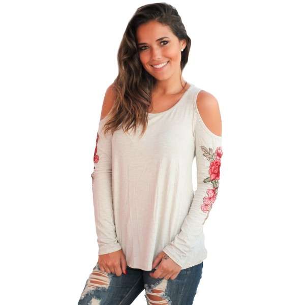 Rose Embroidered Long Sleeve White Cold Shoulder Top