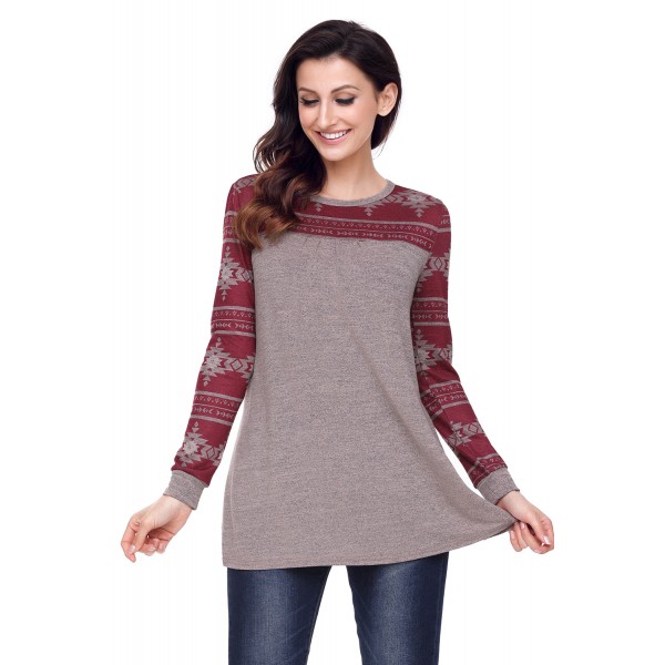 Taupe Burgundy Aztec Long Sleeve Top