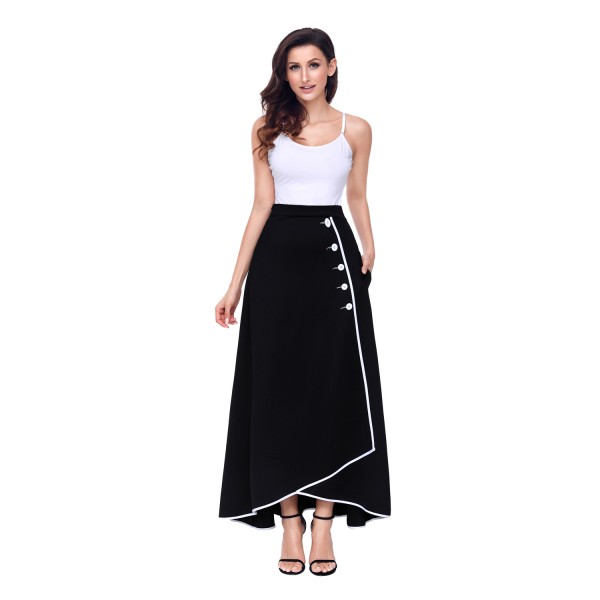 Black Piped Button Embellished High Waist Maxi Skirt