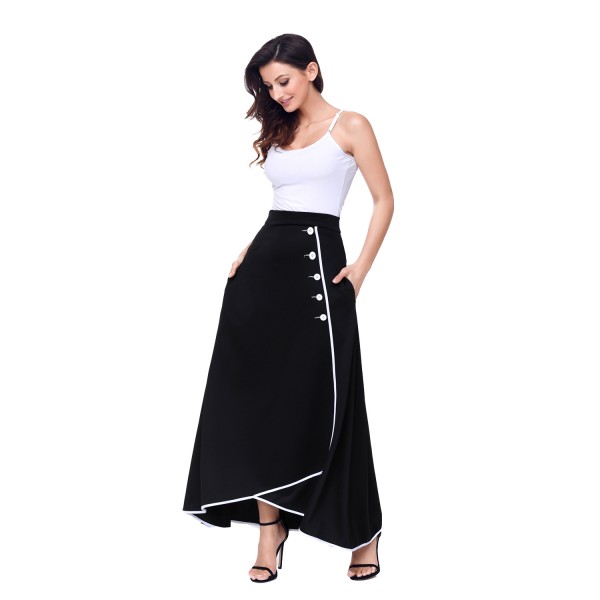 Black Piped Button Embellished High Waist Maxi Skirt