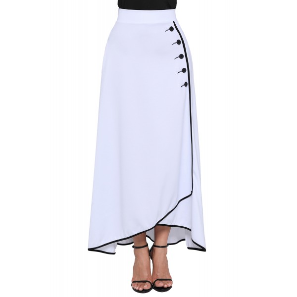 White Piped Button Embellished High Waist Maxi Skirt