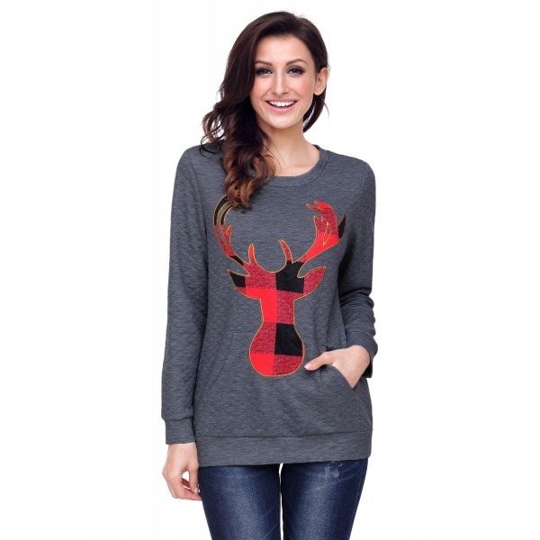 Dark Gray Christmas Plaid Deer Print Abdomen Pocket Sweatshirt