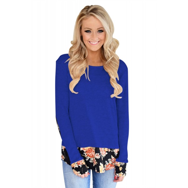 Dark Floral Patchwork Royal Blue Long Sleeve Shirt