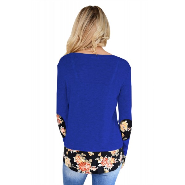 Dark Floral Patchwork Royal Blue Long Sleeve Shirt