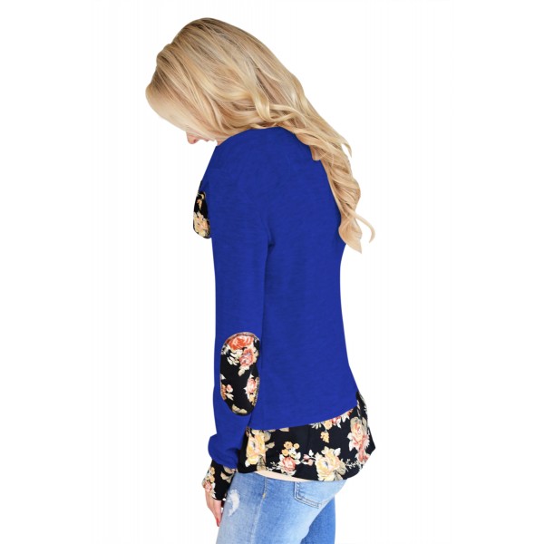 Dark Floral Patchwork Royal Blue Long Sleeve Shirt