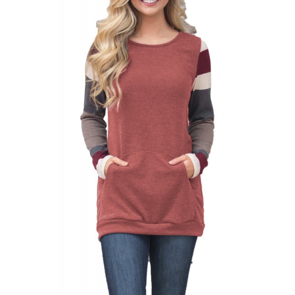 Multicolor Stripes Sleeve Pullover Red Sweatshirt