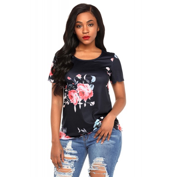 Black Pink Floral Scalloped Top