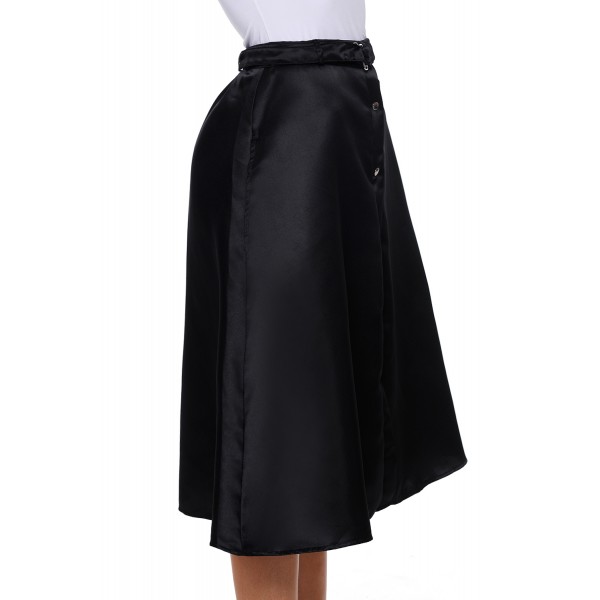 Elegant Retro Style Buttons Front Flared Midi Skirt in Black