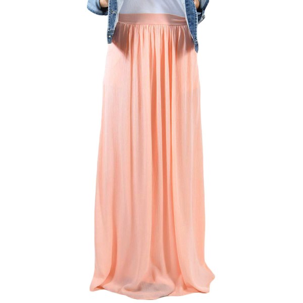 Peachy Pink Elastic Waist Pleated Gauze Maxi Skirt with Lining