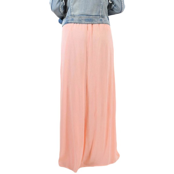 Peachy Pink Elastic Waist Pleated Gauze Maxi Skirt with Lining