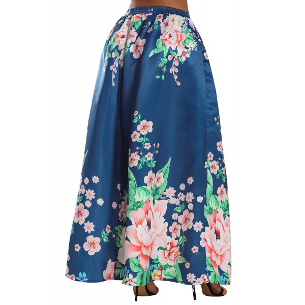 Navy Coral Floral Elegant Flared Maxi Skirt