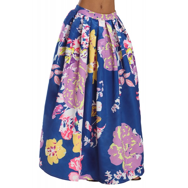 Navy Lilac Floral Elegant Flared Maxi Skirt