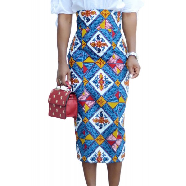 Bluish African Print High Waist Bodycon Pencil Skirt