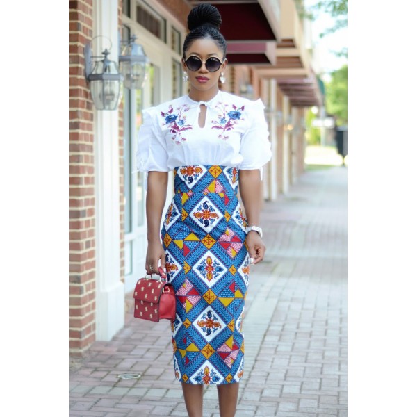 Bluish African Print High Waist Bodycon Pencil Skirt