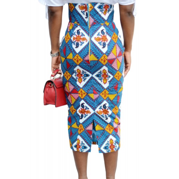 Bluish African Print High Waist Bodycon Pencil Skirt