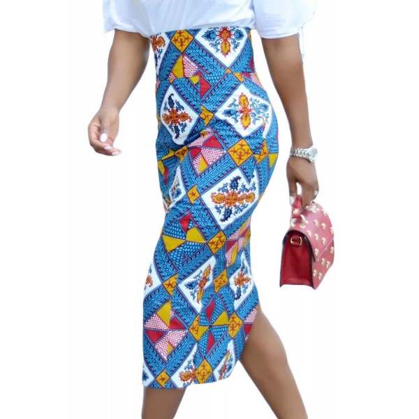 Bluish African Print High Waist Bodycon Pencil Skirt