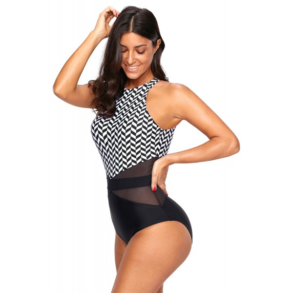 Black White Marble Bodice Cut out Back Monokini