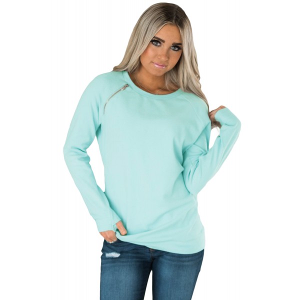 Gold Zip Detail Light Blue Pullover Sweatshirt