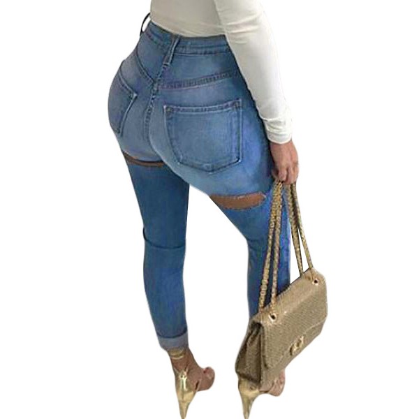 High Waist Bottom Ripped Hole Cut Jeans