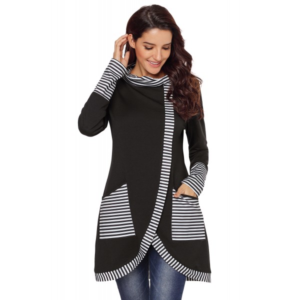 Black Asymmetric Striped Cowl Neck Top