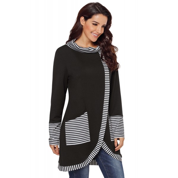 Black Asymmetric Striped Cowl Neck Top