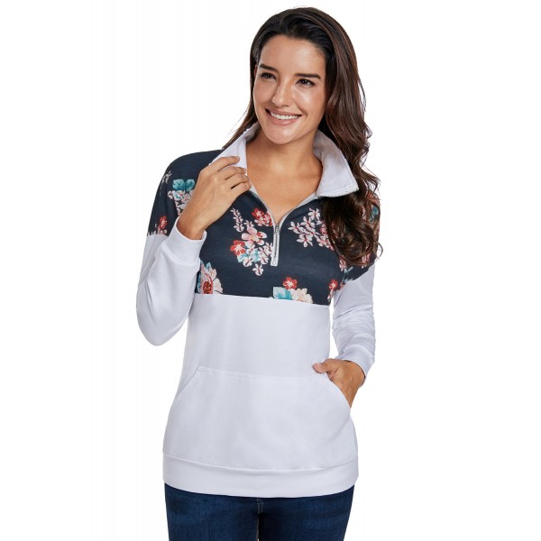 Floral Splice White Kangaroo Pocket Zip Collar Sweatshirt