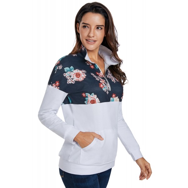 Floral Splice White Kangaroo Pocket Zip Collar Sweatshirt