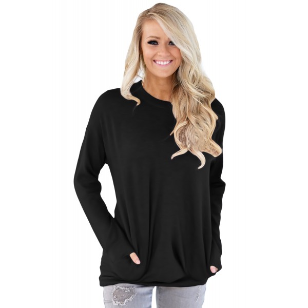 Solid Black Casual Pocket Style Women's Sweatshirt