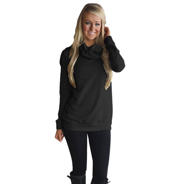 Black Button and Zipped Cowl Neck Sweatshirt