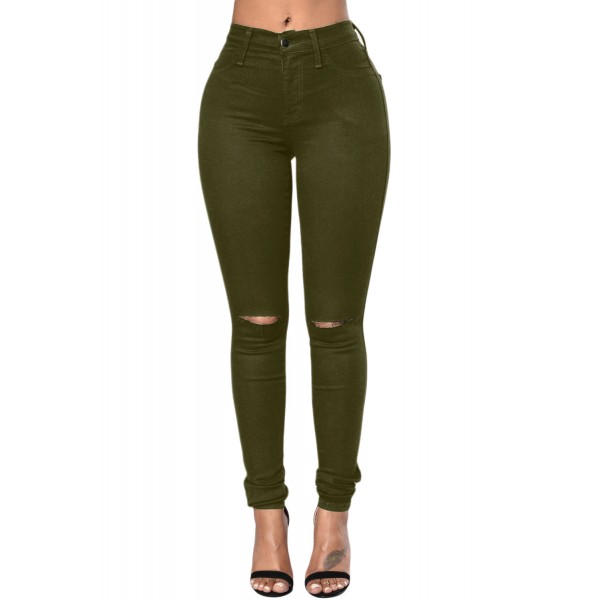 Army Green Trendy Slit Knee Denim Pants